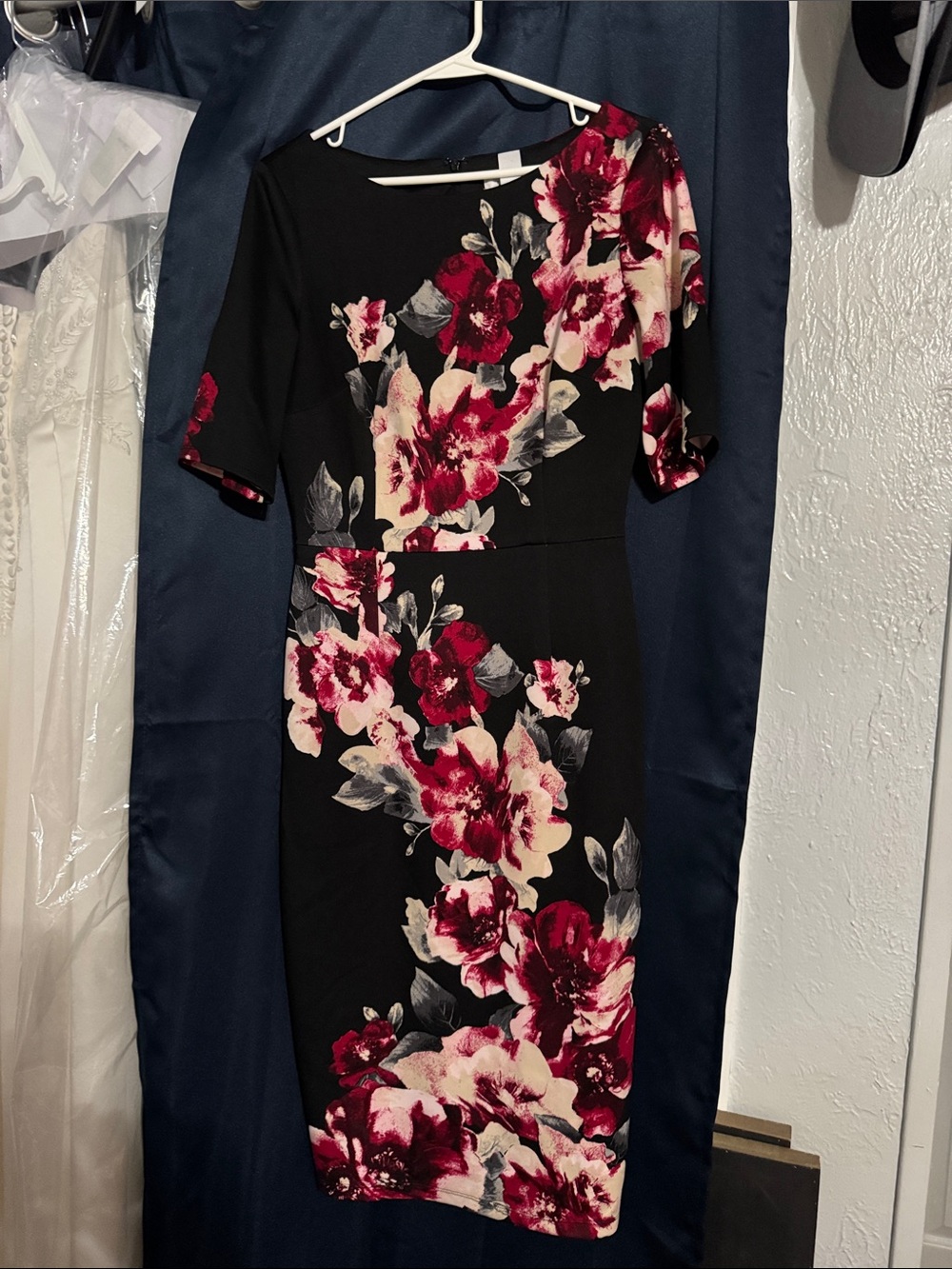 White House Black Market Floral Dress in Black with Burgundy Blooms